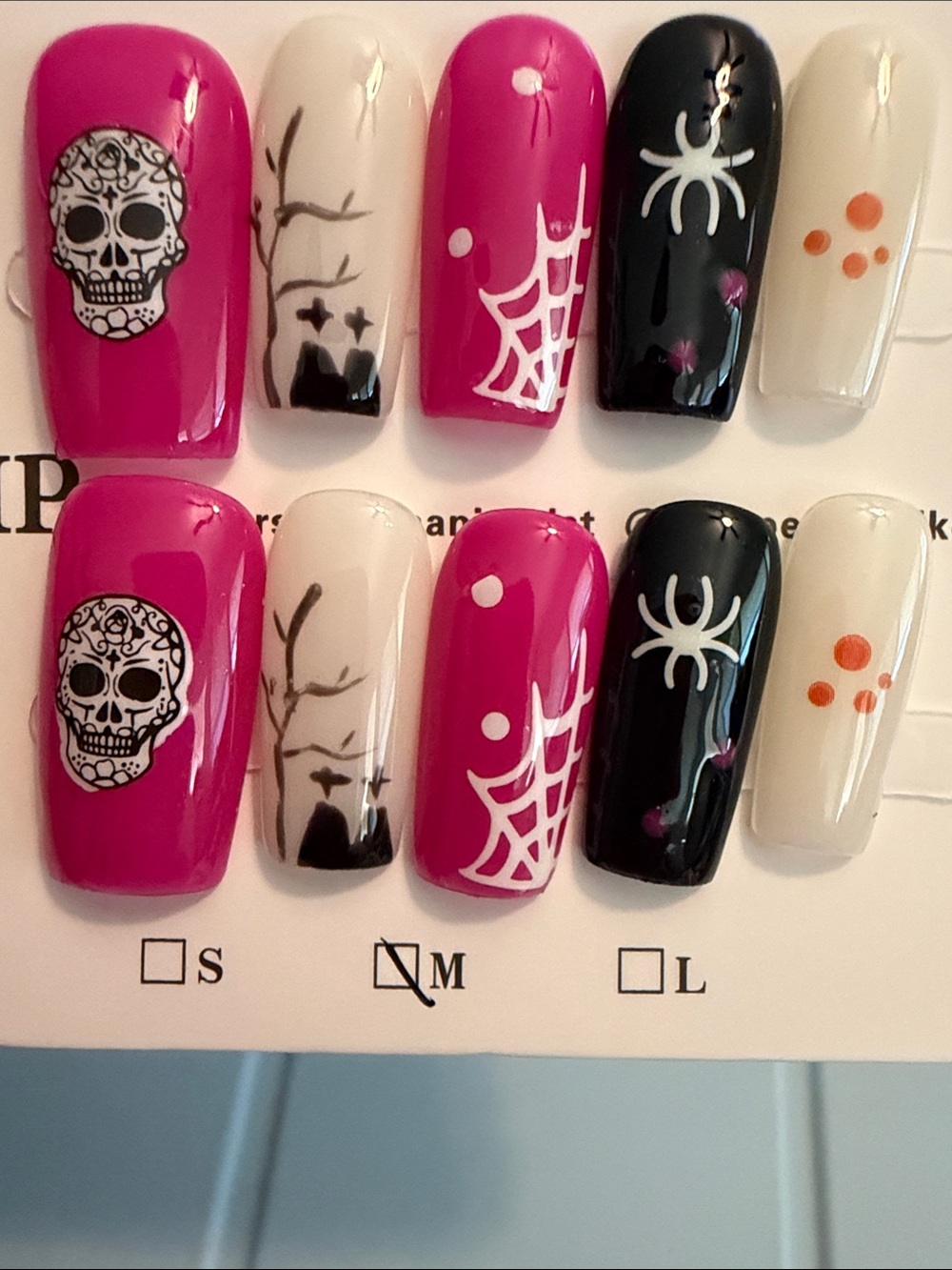 Halloween Skull handmade acrylic Press-On Nails - Pink, Black & Cream